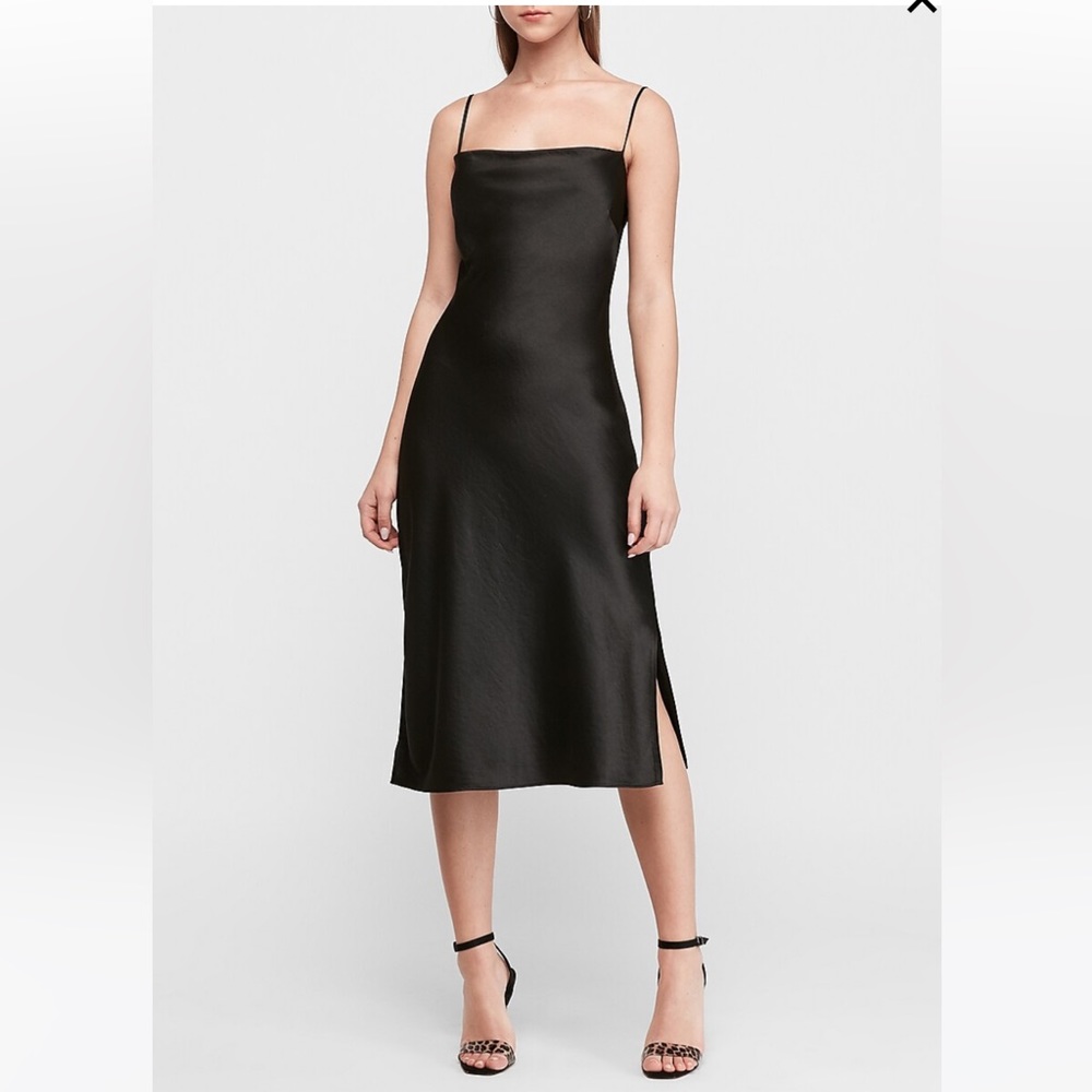 Black satin cowl neck midi dress